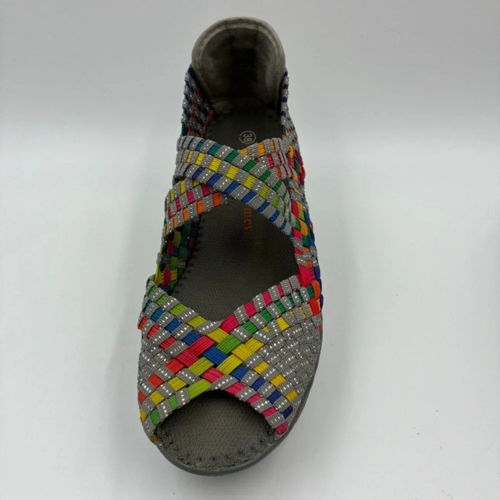 Bernie Mev Comfi Mary Jane 38/US 7 Rainbow Woven Wedge Sandals‎ Peep Toe Elastic
